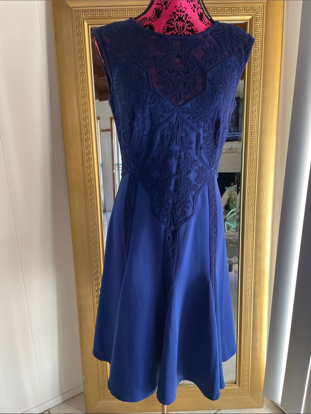 Tadashi Shoji Royal Blue Lace-Embroidered Midi Dress
